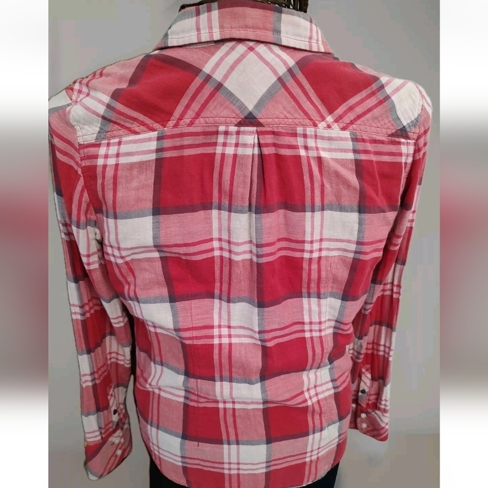 Vtg 09' American Eagle Women's 12 Dark Pink Plaid Long Sleeve Lined Button Up - Picture 4 of 16
